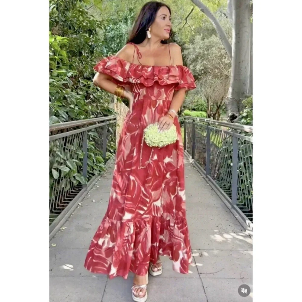 NWT Zara Blogger Fave Maxi Dress Red Ruffle Off Shoulder Summer Wedding Size XS - Picture 4 of 15